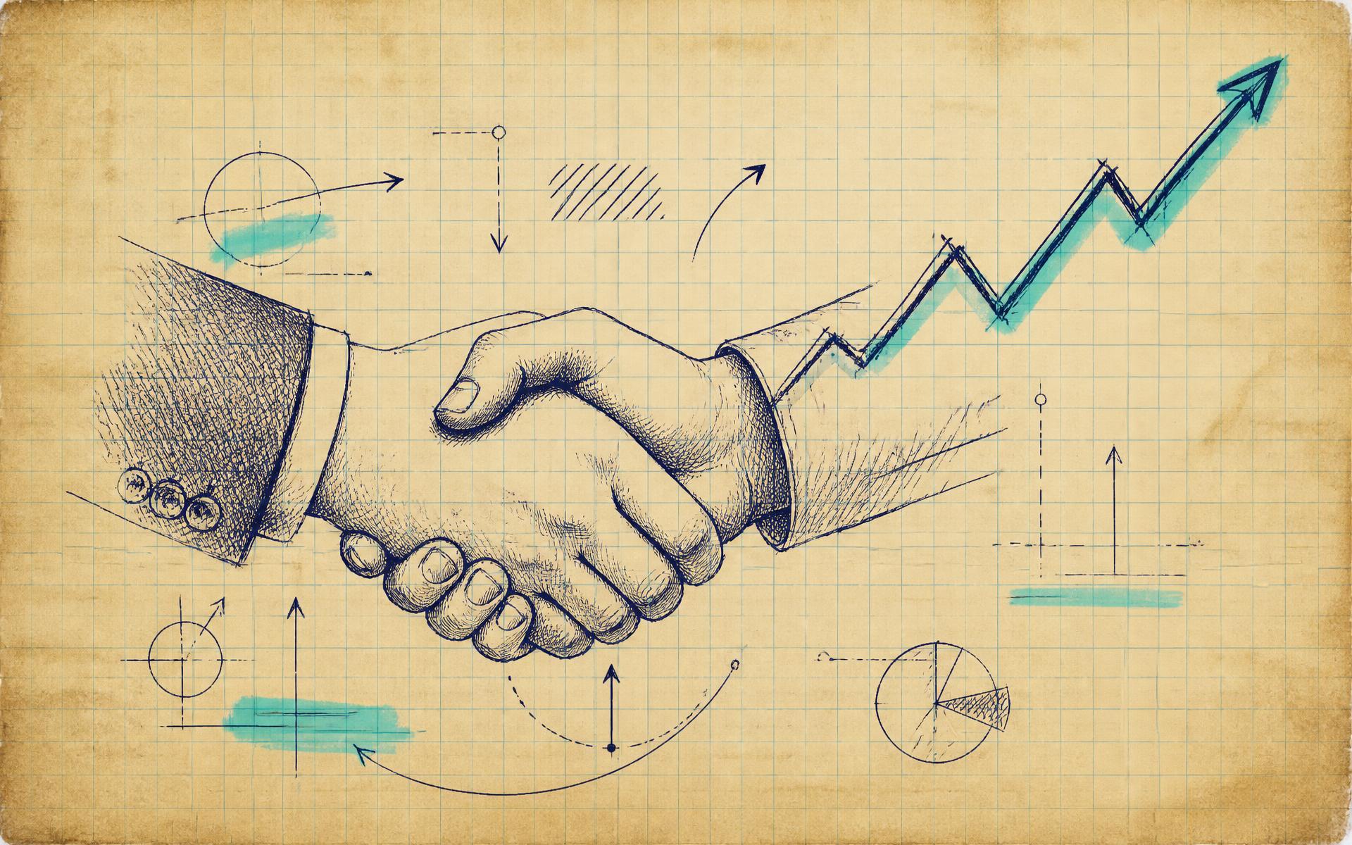 Pen-and-ink engraving of two hands shaking with rising bar charts behind them