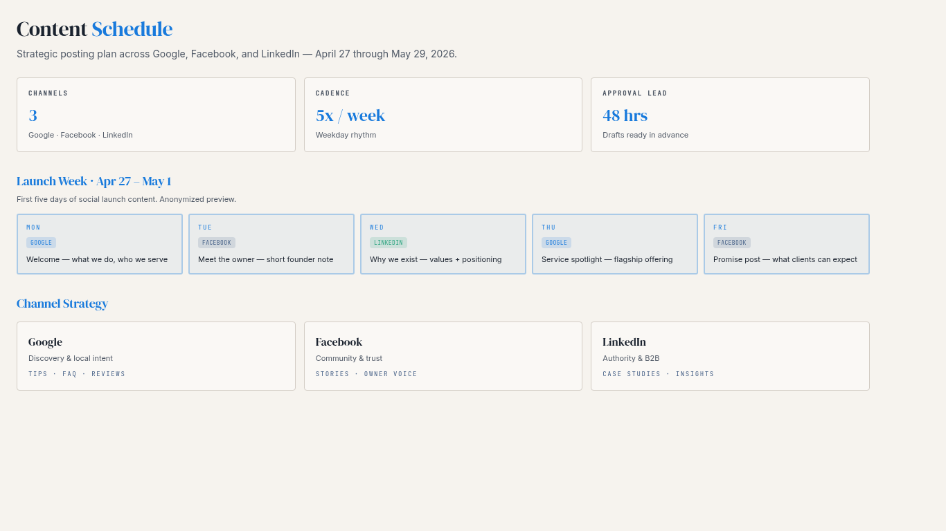 Content Schedule — anonymized client partnership portal